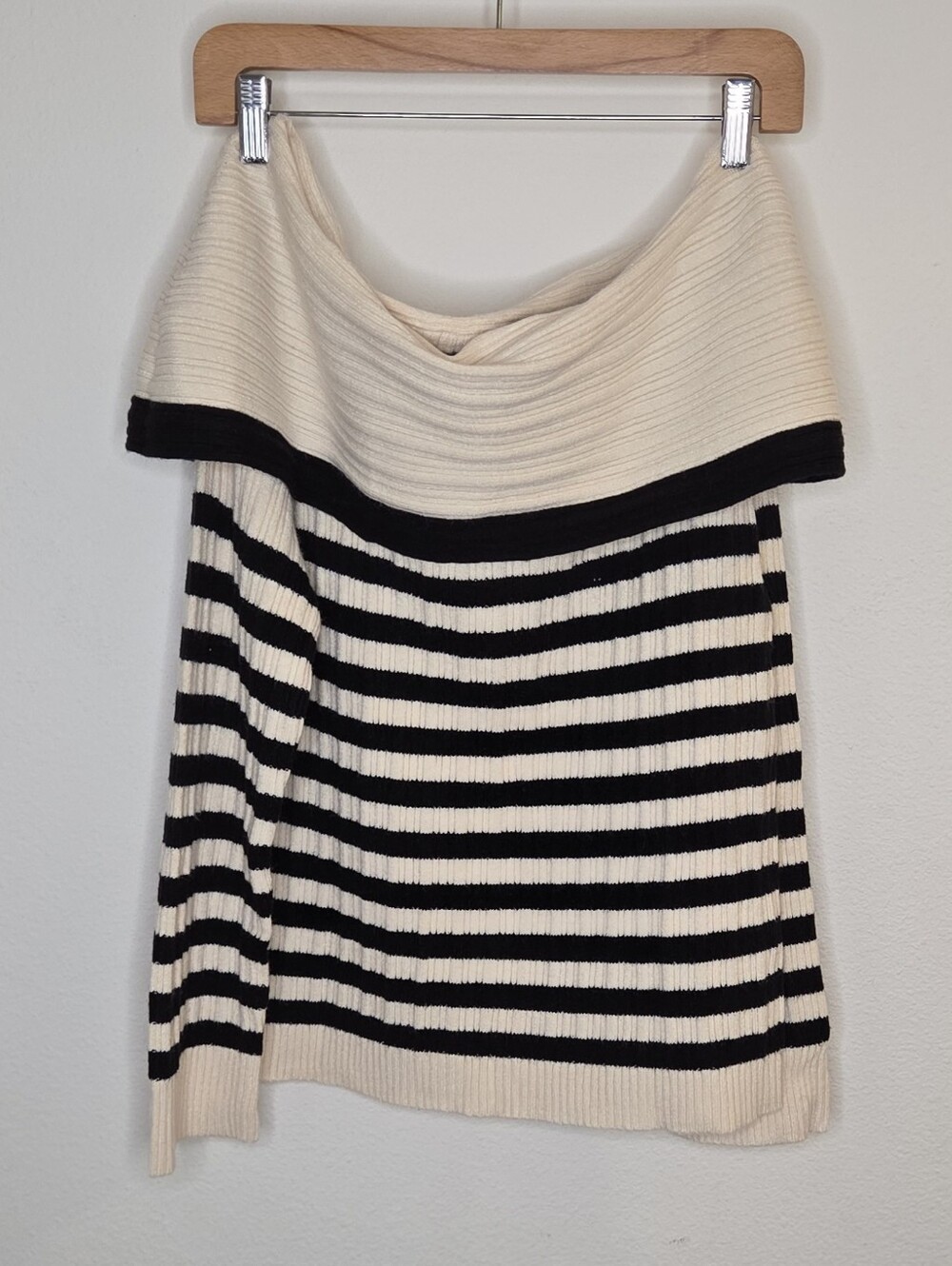 Striped Off-the-Shoulder Knit Sweater in Apricot and Black